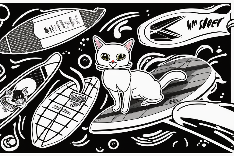 a small tuxedo cat, loafing on a surfboard that's catching a wave tattoo idea