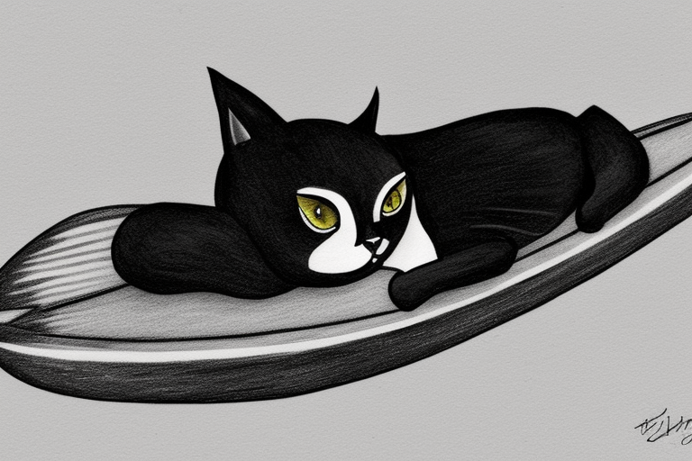 a tuxedo cat loafing on a surfboard with a calm expression, while the waves crash around him tattoo idea