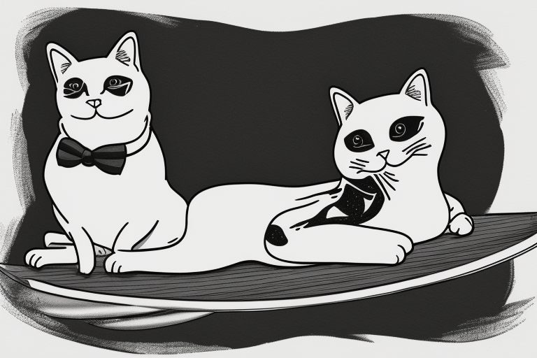 a tuxedo cat loafing on a surfboard with a calm expression, while the waves crash around him tattoo idea