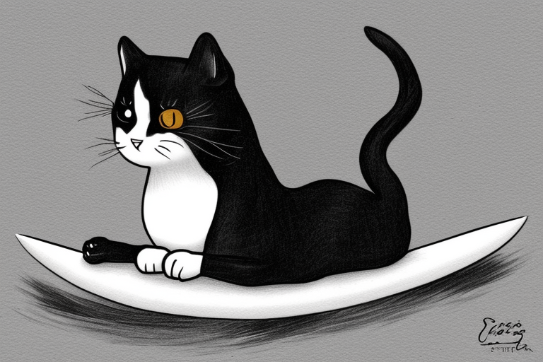 a tuxedo cat loafing on a surfboard with a calm expression, while the waves crash around him tattoo idea