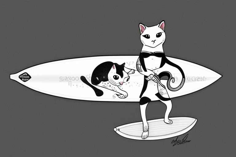 a tuxedo cat loafing on a surfboard with a calm expression, while the waves crash around him tattoo idea