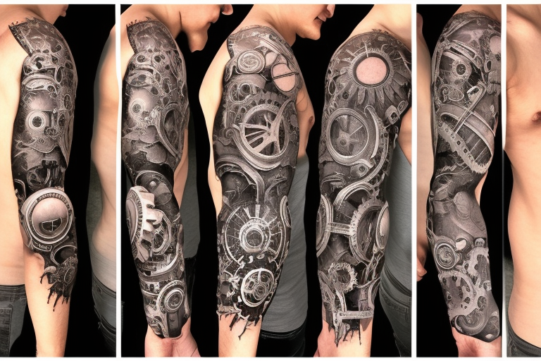 cyborg sleeve with mechanicla compnents such as gears wires hydraulics tattoo idea