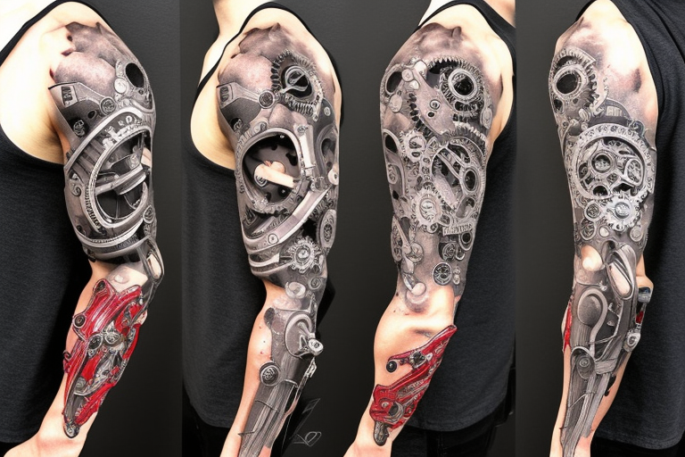 cyborg sleeve with mechanicla compnents such as gears wires hydraulics tattoo idea