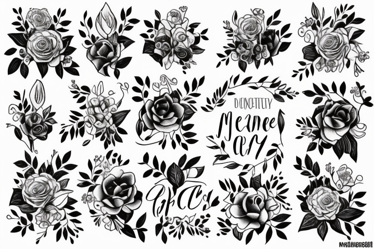 A bouquet of flowers from the months July, September, October, November, and December with the Bible verse Acts 27:22-23 in fine line print tattoo idea