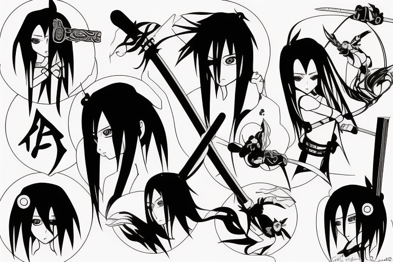 katana blackwork girl animestyle uchiha tattoo idea