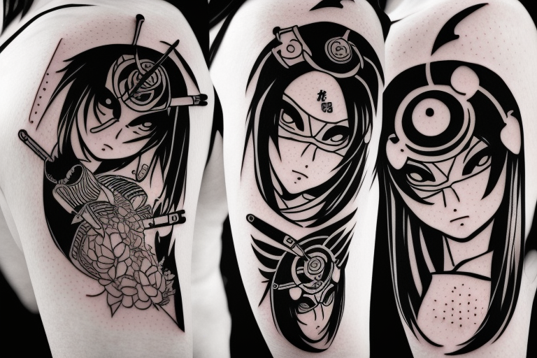 katana blackwork girl animestyle uchiha tattoo idea