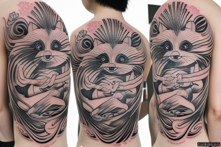 tanuki wearing a shirt, smiling, soju bottle, outline art tattoo idea