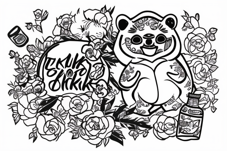 tanuki wearing a shirt, smiling, soju bottle, outline art tattoo idea