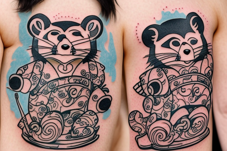 tanuki wearing a shirt, smiling, soju bottle, outline art tattoo idea