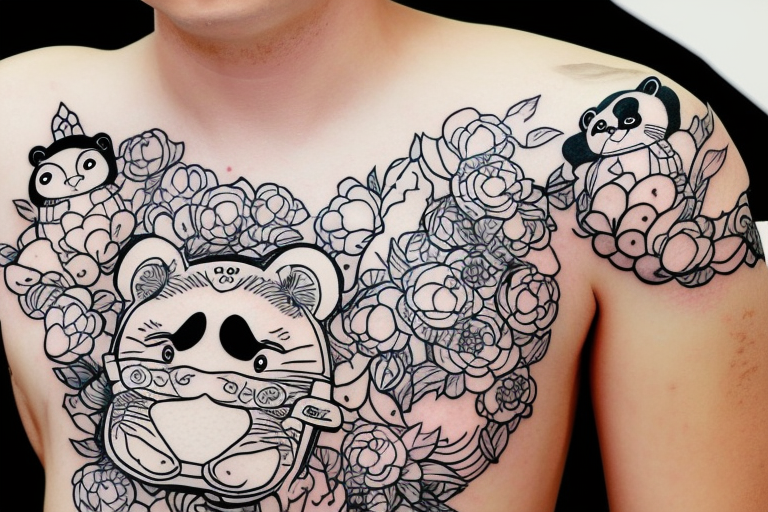 tanuki wearing a shirt, smiling, soju bottle, outline art tattoo idea