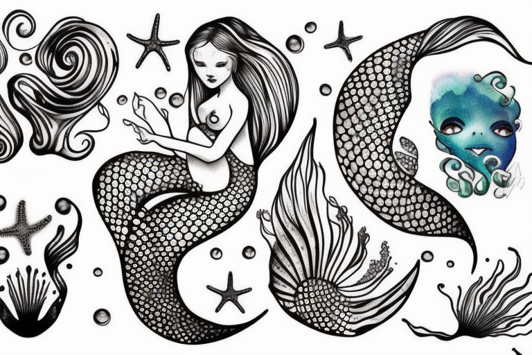 mermaid with a face, two arms.
Ocean stuff like : seashell, pearl, seaweeds, starfish, etc. tattoo idea