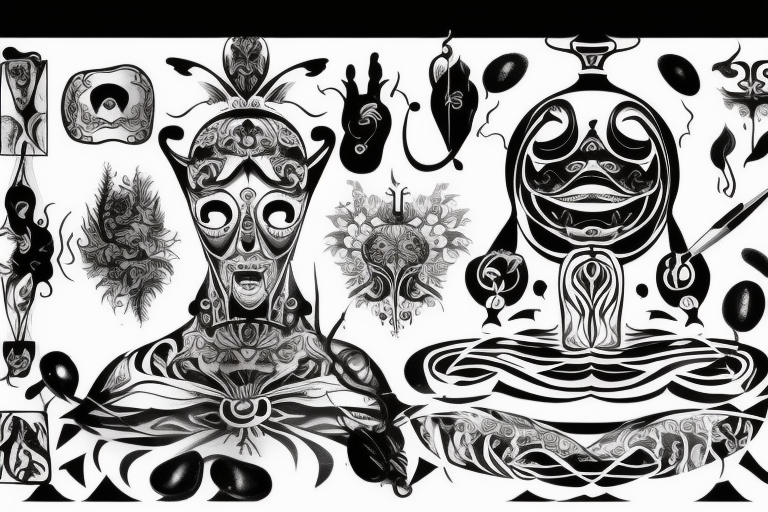 create a tattoo showing the thoery of duality and illusion in which someone is looking into a mirror or a water body and seeing something that is not themselves in the reflection tattoo idea