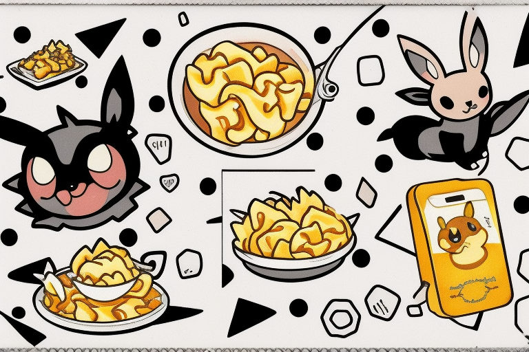 Eevee eating a bowl of Mac and cheese coming out of a Polaroid in neo traditional style with cool artistic lines and abstract dot back ground tattoo idea