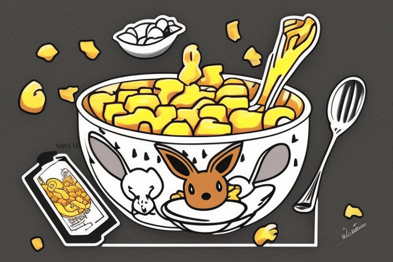 Eevee eating a bowl of Mac and cheese coming out of a Polaroid in neo traditional style with cool artistic lines and abstract dot back ground tattoo idea