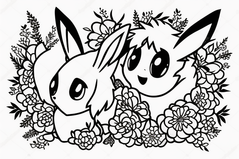 Eevee with flowers around. Old Picture frame. Dots and lines. Arm piece. Neo traditional tattoo idea