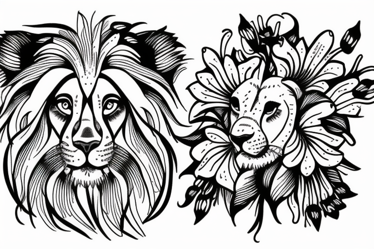 lion with stargazer lilies tattoo idea