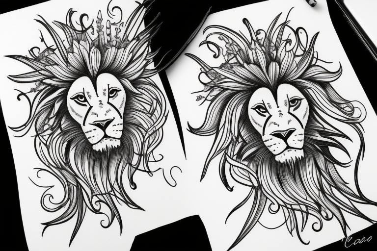 lion with stargazer lilies tattoo idea