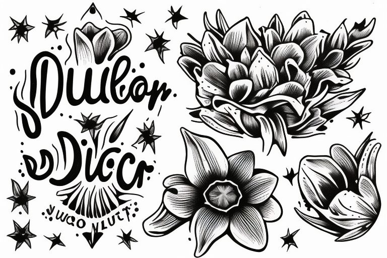 "Non ducor, duco"  quoted in text 
surrounded by lilies and galaxies tattoo idea