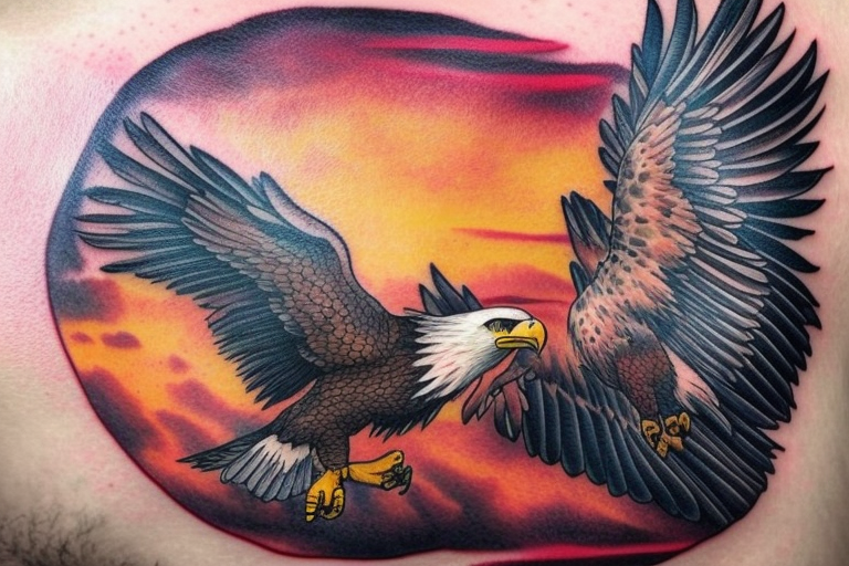 an eagle flying high, in front of a beautiful sunset, without mistakes or double wings. a beautiful and harmonious tattoo for the back tattoo idea