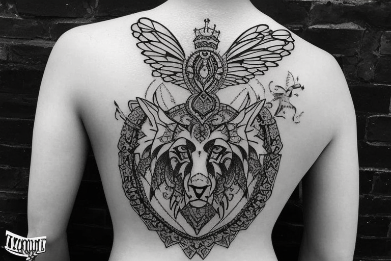 Upper back tattoo. The tattoo is a mesh that includes the following items: fishing Hook, Fox, colon, Lion, Honey bee, Lock and key, Top hat, King’s Crown, crescent moon, anchor, wings. tattoo idea