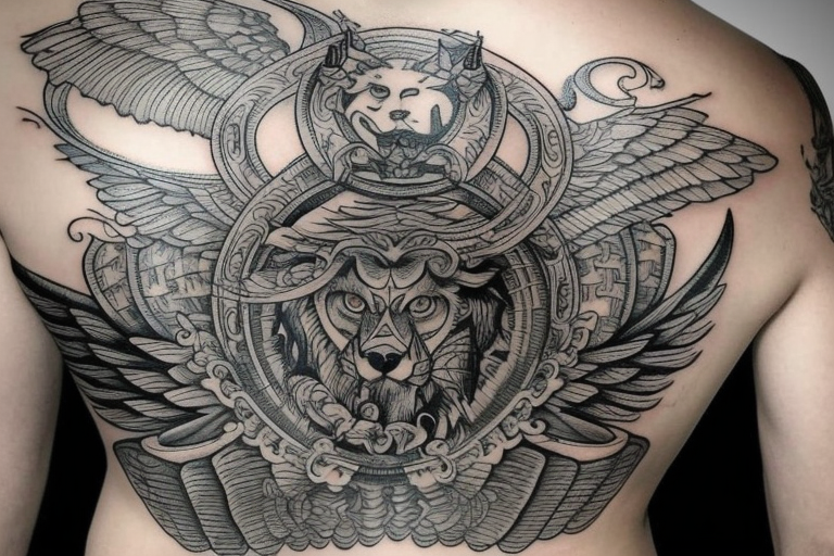 Upper back tattoo. The tattoo is a mesh that includes the following items: fishing Hook, Fox, colon, Lion, Honey bee, Lock and key, Top hat, King’s Crown, crescent moon, anchor, wings. tattoo idea