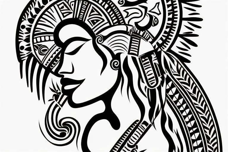 Side profile of a Native Taino woman facing the horizon with her head up and eyes closed. The Puerto Rican sun “sol” in the sky. tattoo idea