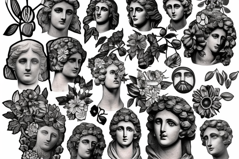 A headshot of a greek statue surrounded by flowers tattoo idea