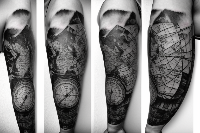 Sleeve with lion broken compass map colosseum tattoo idea