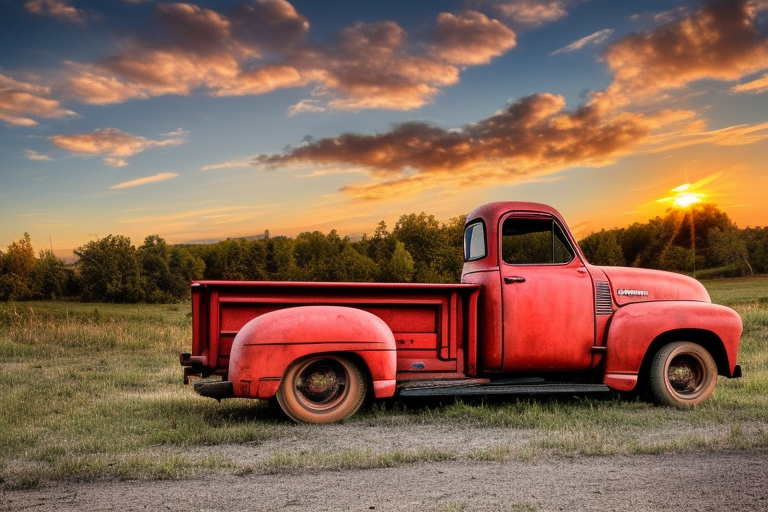 A broken down rustic red '53 5-window GMC long bed pickup parked at an angle in front of a red barn with the setting sun in the background. The setting sun is shaped like a sunflower. tattoo idea