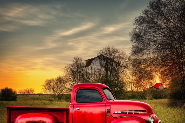 A broken down rustic red '53 5-window GMC long bed pickup parked at an angle in front of a red barn with the setting sun in the background. The setting sun is shaped like a sunflower. tattoo idea