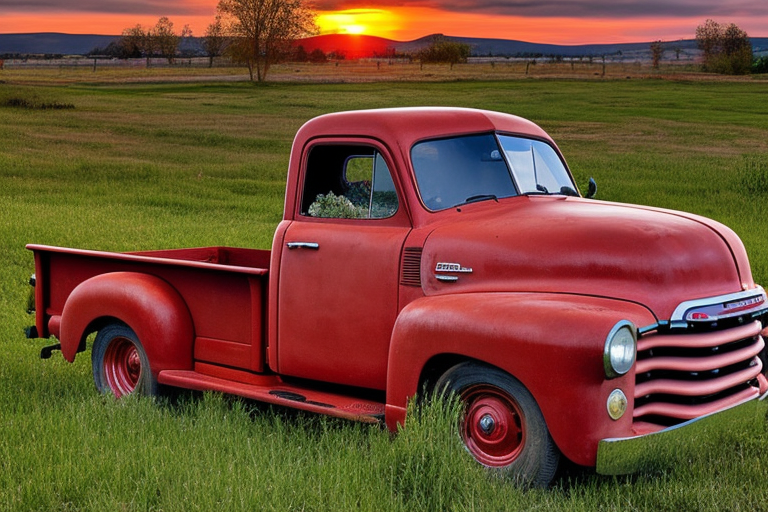 A rustic red with white roof '53 5-window GMC long bed pickup parked at an angle in front of a red barn with the setting sun in the background. The setting sun is shaped like a sunflower. tattoo idea