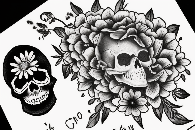 A skull with flowers growing out of it with the words find someone who grows flowers in the darkest parts of you tattoo idea