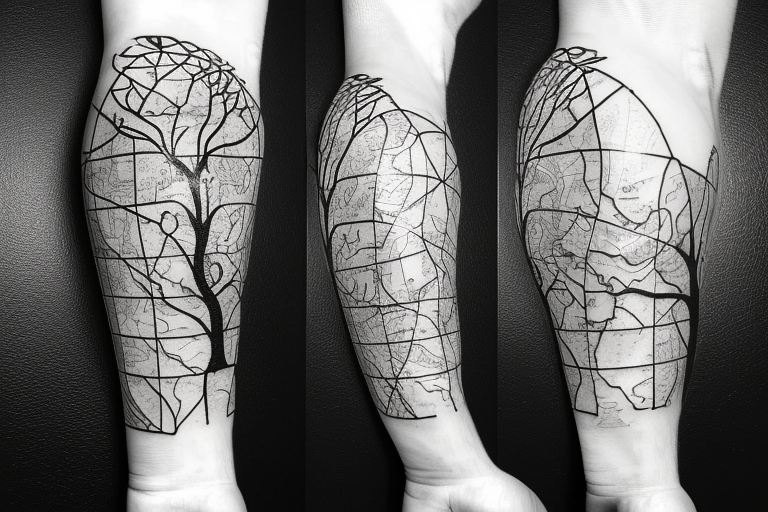 Tree of life with the map of Scotland in its roots and map of Australia in its branches tattoo idea