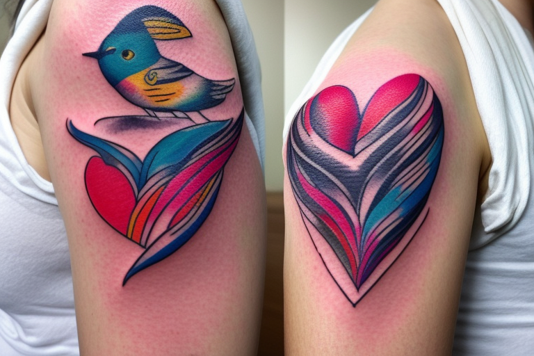 small shoulder tattoo. wave contained partly in a heart. VERY small bird. Vivid colors. tattoo idea