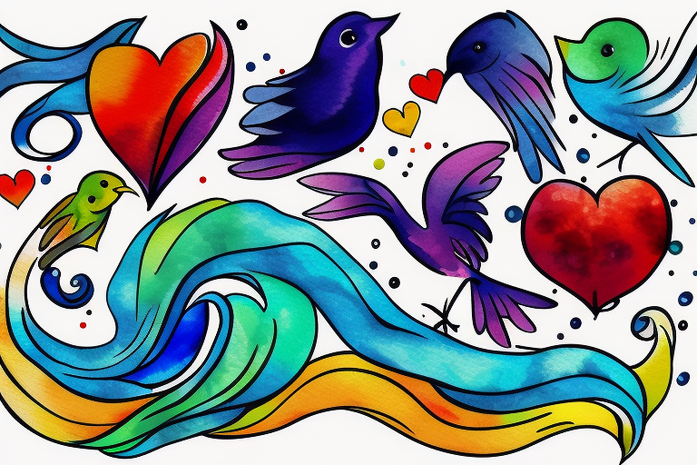 small shoulder tattoo. wave contained partly in a heart. VERY small bird. Vivid colors. tattoo idea