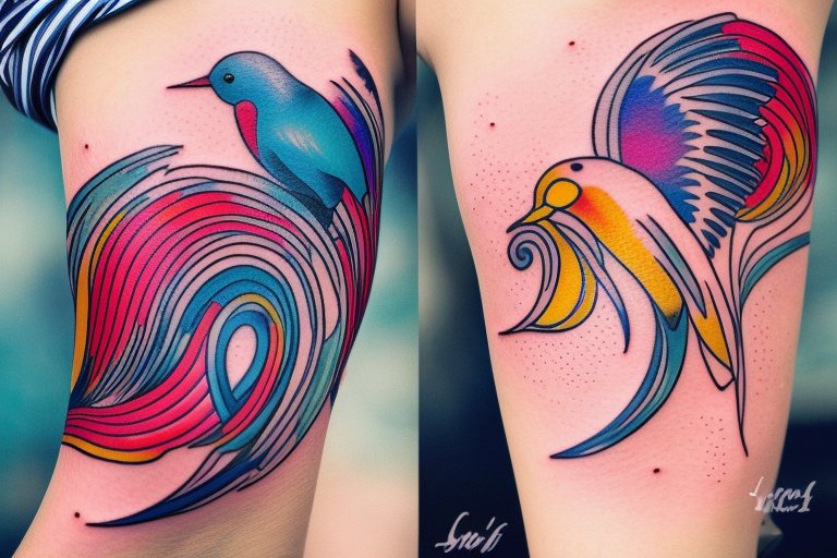 small shoulder tattoo. wave contained partly in a heart. VERY small bird. Vivid colors. tattoo idea