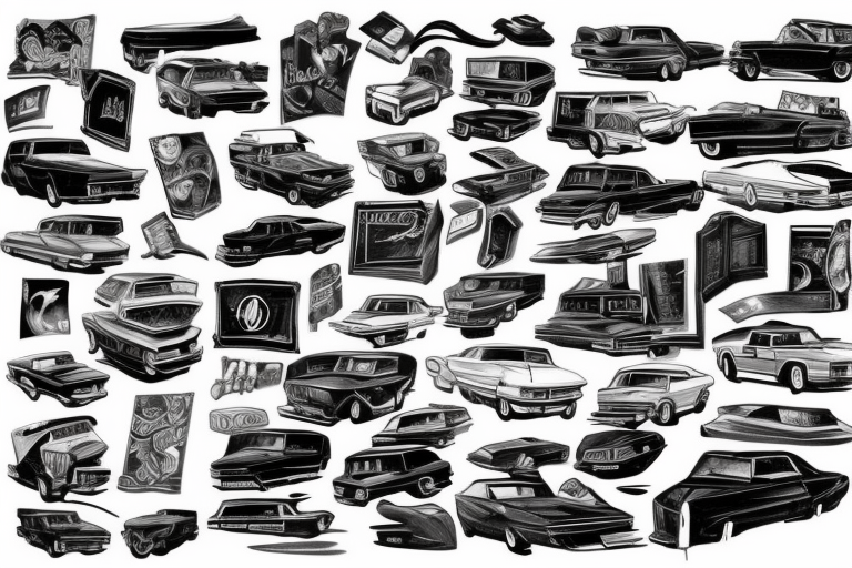 Arm sleeve tattoo of a black 1967 Lincoln Continental, a two tone gray 1984 Honda Civic 1500S, a white 1986 Honda Civic SI, a rusty 1995 dodge neon, and a black 2006 Subaru wrx tattoo idea