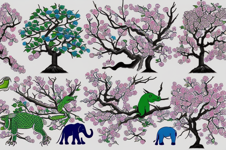 Japanese cherry tree with cherry blossoms, a blue lynx sitting on a branch, a green lizard climbing the tree, eagle perched on top of tree, and elephant standing at base of the tree tattoo idea