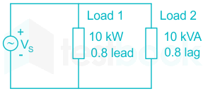 A 230 V RMS source supplies power to two loads connected is paral