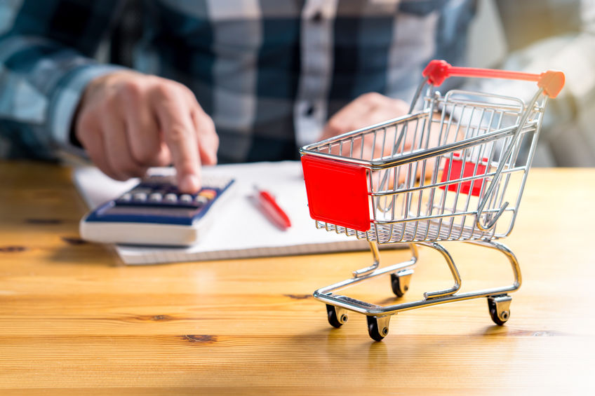 An image of man with calculator and shopping cart to illustrate How To Beat Food Price Inflation