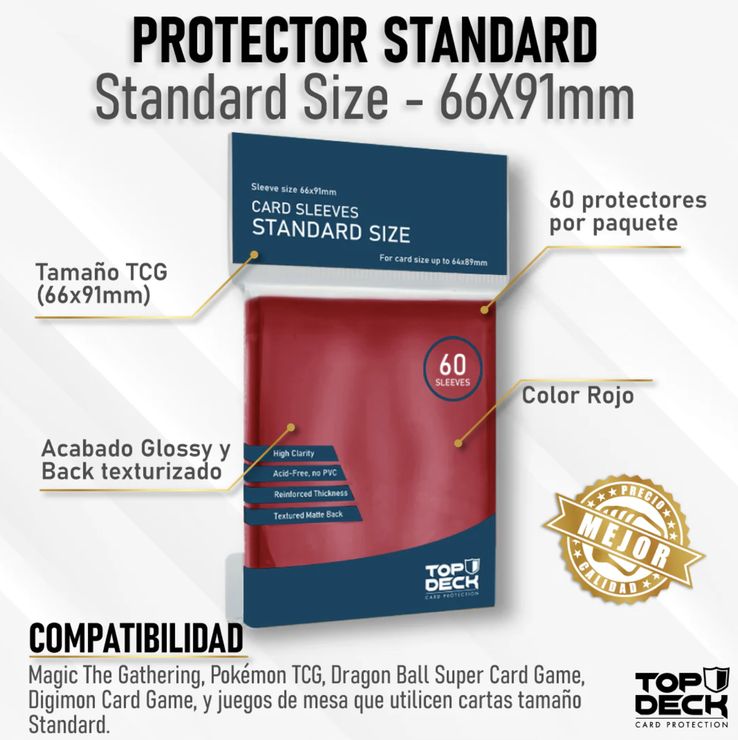 Protectores Esenciales | Standard 66x91mm 60 unidades color Rojo