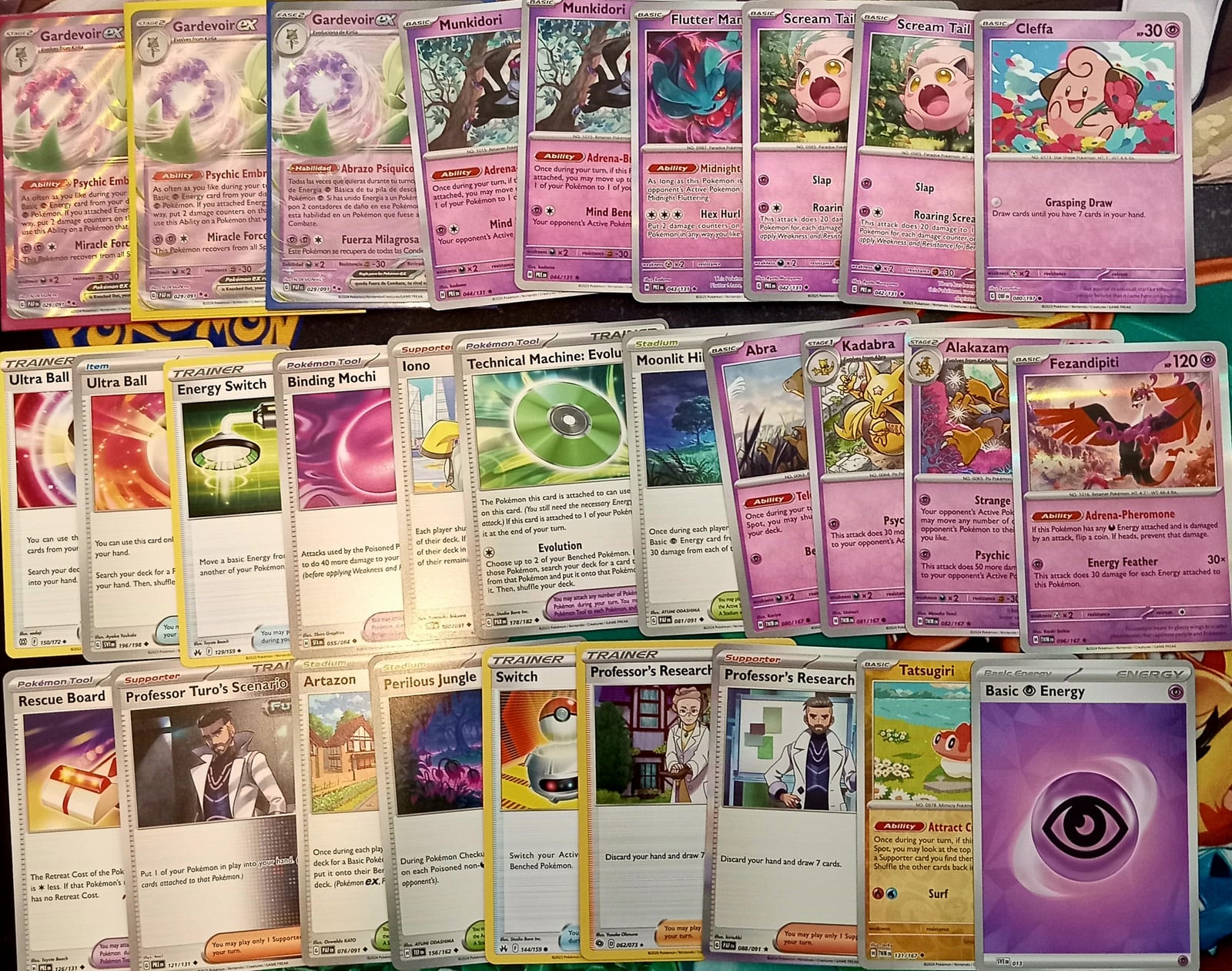 Lote pack 29 cartas gardevoir ex munkidori scream tail cleffa trainer varios