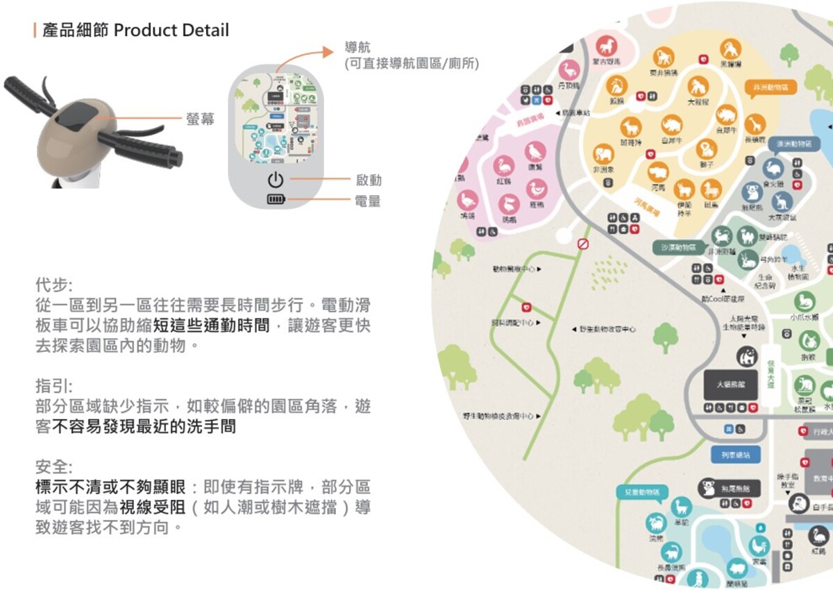 從一區到另一區往往需要長時間步行,電動滑板車可以協助縮短這些通勤時間,讓遊客更快去探索園區內的動物,指引部分區域缺少指示如較偏僻的園區角落,遊客不容易發現最近的洗手間。