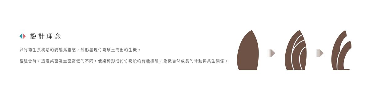 透過坐面及桌面高低的不同,使桌椅形成如竹筍般的有機樣態,象徵自然成長的律動與共生關係。