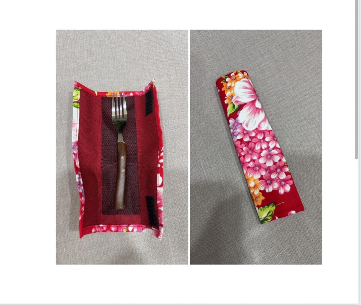 這是使用了不要的茶樹枝製成的餐具,再用客家花布做成餐套。