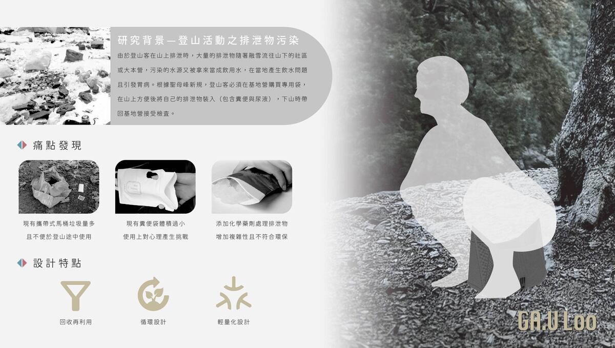 探討登山活動之排泄物污染並主張設計特點。