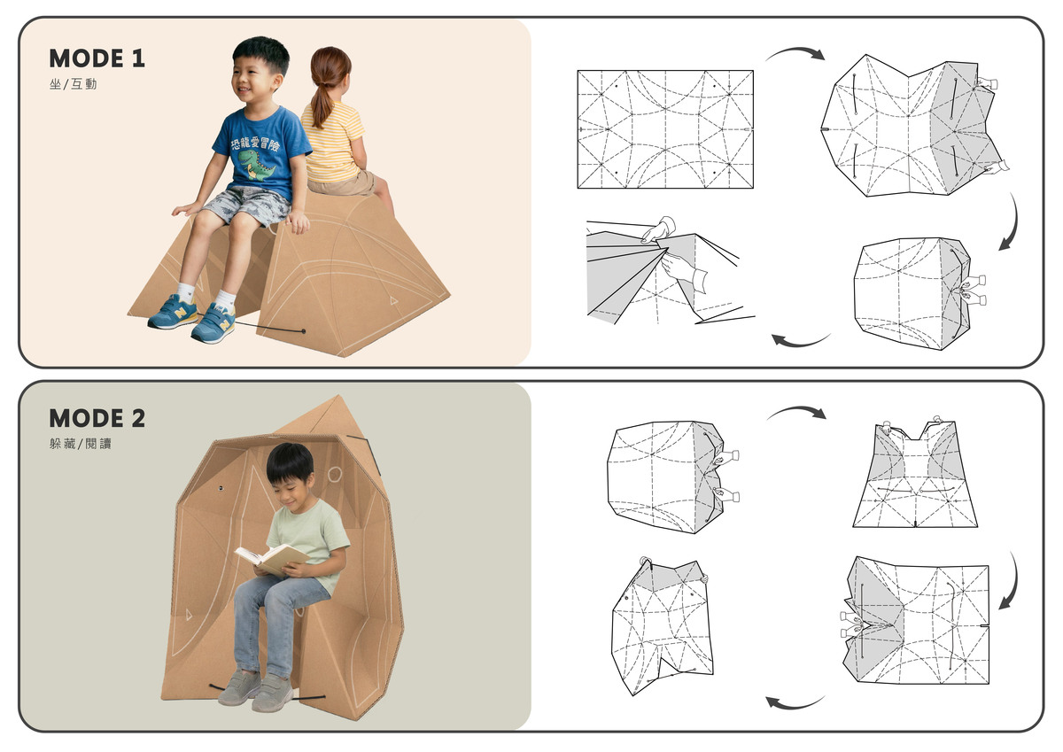 2D-to-3D transformation, dual-use typology, encompassing seating, interaction, concealment, and reading.