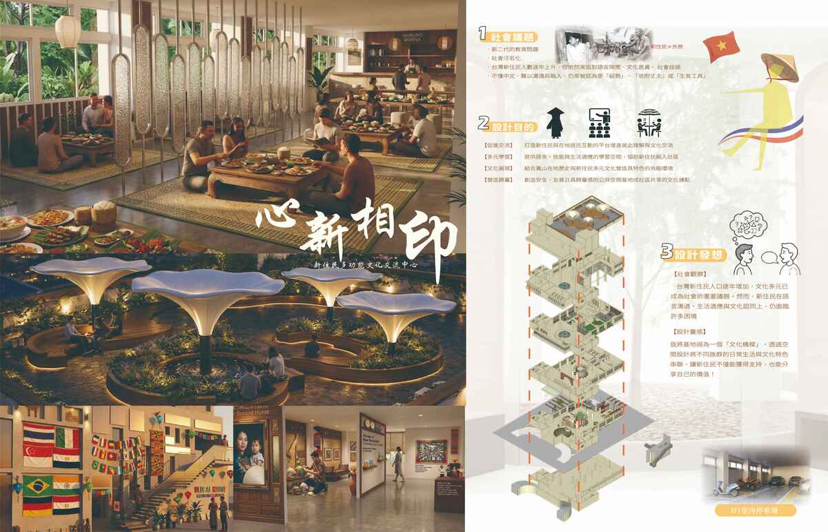 心新相印-取自「心心相印」意涵,融入「新」的概念,代表新住民在台灣生活中所帶來的多元文化與新視野。