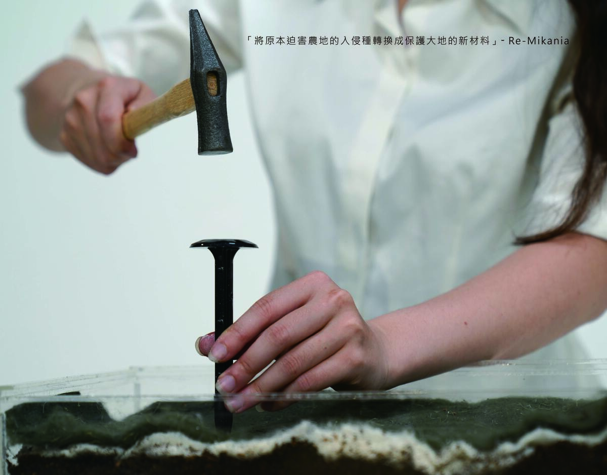 設計醋液引流釘子，固定防草布的同時， 將醋液深入土壤，提升抑草效果。