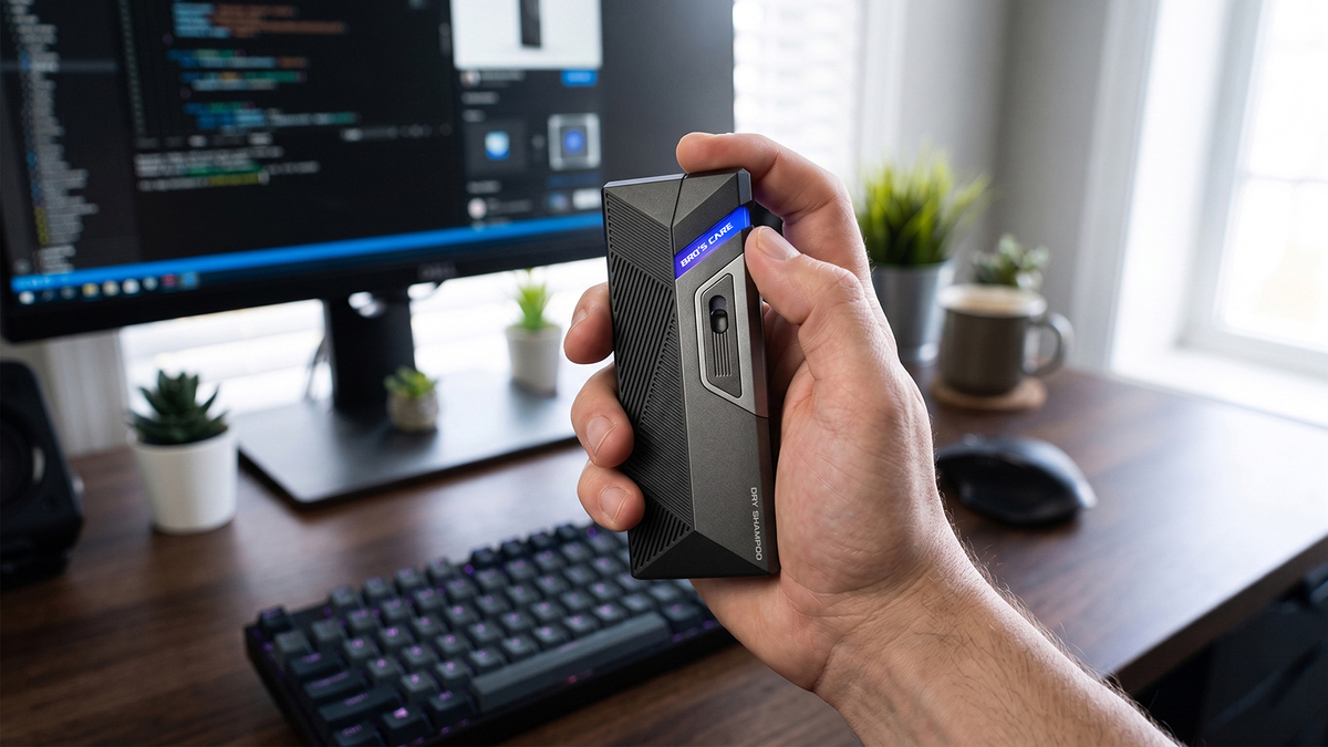 Bro’s Care 男性乾洗髮採用固態硬碟（SSD）外觀語彙，結合高速、輕量與機能感的產品形象，讓頭髮清潔不只是日常整理，而像快速升級狀態般，展現俐落、科技且具電競風格的男性護理體驗。